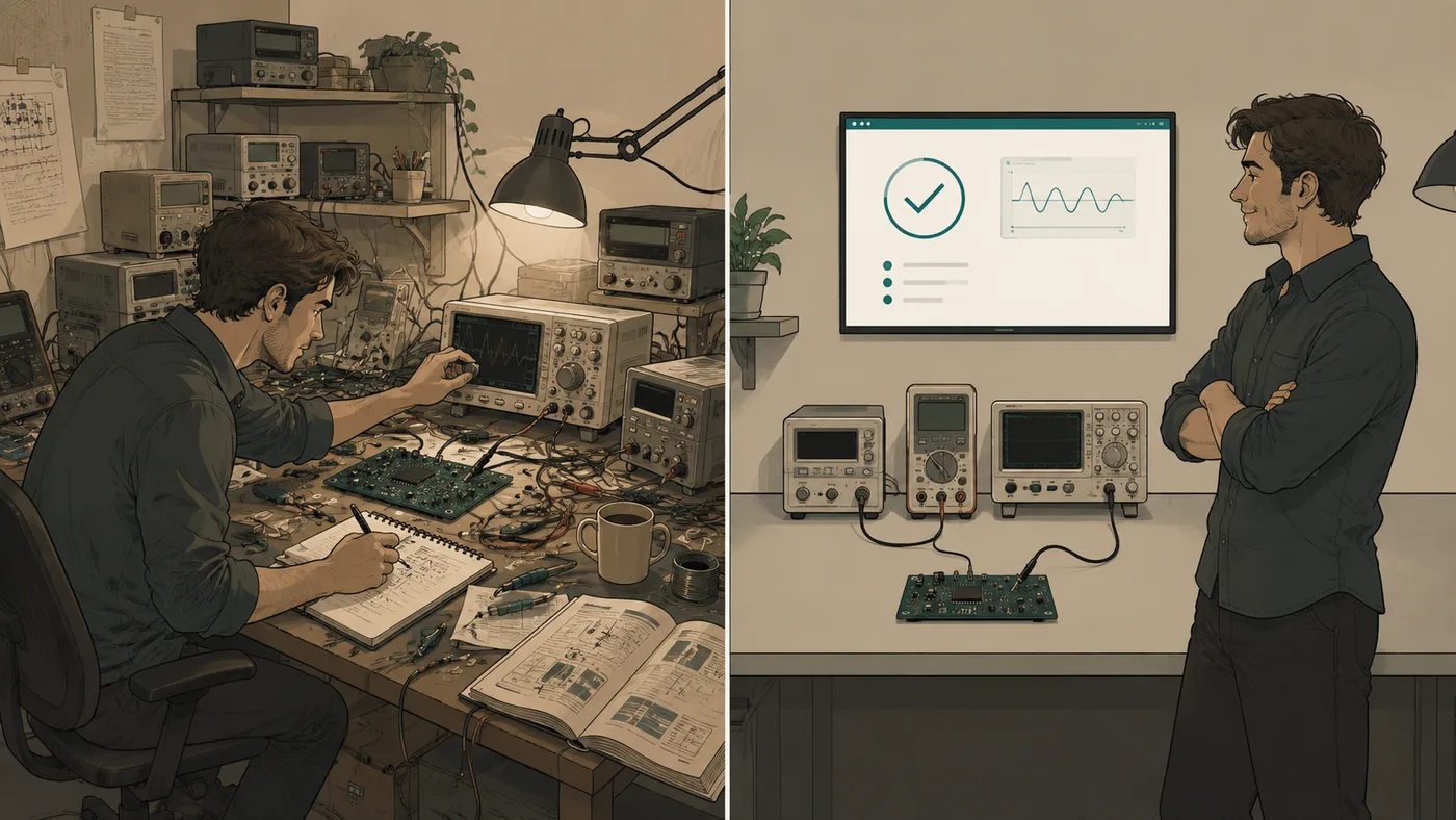 Left: an engineer hunched over a cluttered workbench, hand-writing notes. Right: the same engineer relaxed in front of a clean dashboard showing a checkmark.