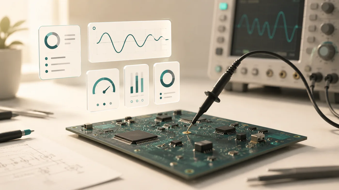 A bench with a printed circuit board being probed by an oscilloscope, with floating UI cards showing measurement values