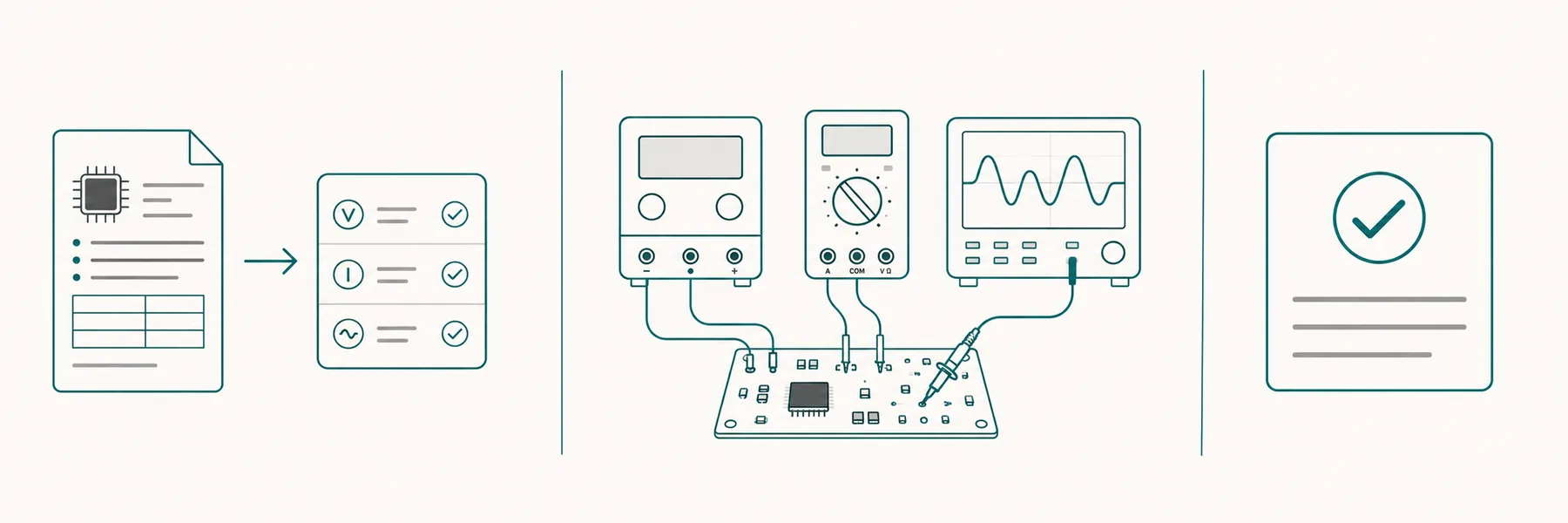 Three-panel illustration: a datasheet feeding a test plan, then bench instruments connected to a PCB, then a verdict card with a checkmark.