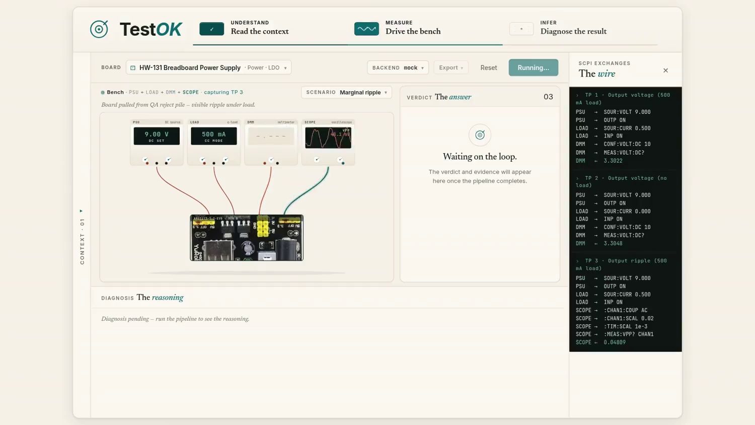 TestOK full walkthrough: context, run, diagnosis, schematic and PCB fault highlight, and report